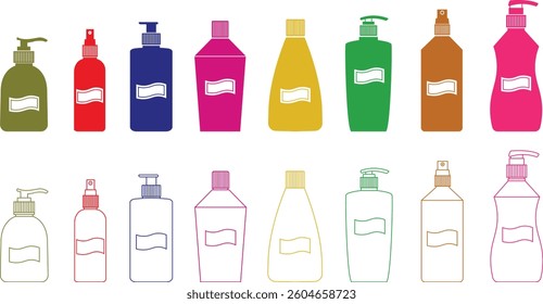 Cosmetic packaging mockup icon set. Silhouettes cosmetic products template flat and line vector collection isolated on transparent background. Symbol for beauty product sign web and app.