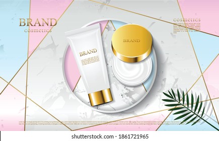The cosmetic packaging is placed on a marble platform in top view with a pastel geometric frame