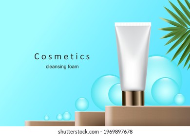 The cosmetic packaging is placed on a wooden stand and bubbles surround the object and a leaf emerges at the right corner for cosmetic summer concept design,vector 3d virtual