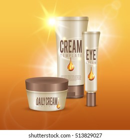 Cosmetic packaging in plastic tubes composition with design concept colorful gradient background and flashing eye cream vector illustration