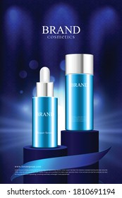 Cosmetic packaging poster on podium Background in dark blue elegant patterned fabric with lights