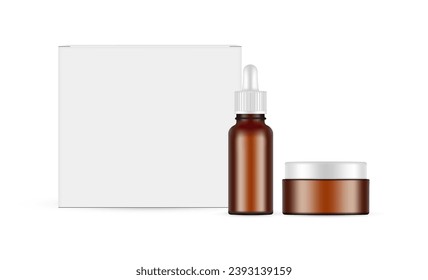 Cosmetic Packaging Set. Box, Serum Amber Bottle and Cream Jar, Isolated On White Background. Vector Illustration