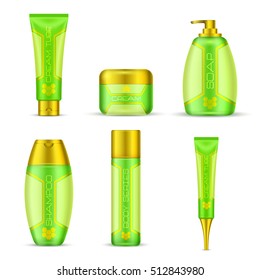 Cosmetic packaging set in green yellow colors with golden lids 3d design isolated vector illustration  