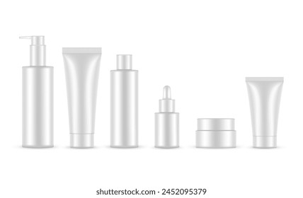 Cosmetic Packaging Set. Jar, Tubes, Dropper and Pump Bottles. Vector Illustration