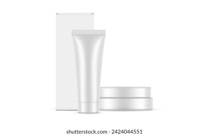 Cosmetic Packaging Set, Tube, Jar, Box, Front View, Isolated On White Background. Vector Illustration