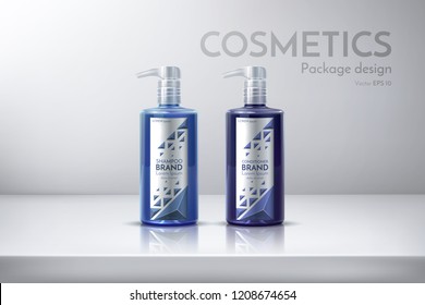 Cosmetic packaging for shampoo, conditioner, face cream, shower gel, spray, deodorant, lotion, shaving foam. Design bottle with a label. Realistic vector illustration