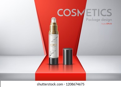 Cosmetic packaging for shampoo, conditioner, face cream, shower gel, spray, deodorant, lotion, shaving foam. Design bottle with a label. Realistic vector illustration