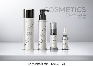 Embalaje cosmético para champú, acondicionador, crema facial, gel de ducha, spray, desodorante, loción, espuma afeitada. Diseñar una botella con una etiqueta. Ilustración vectorial realista