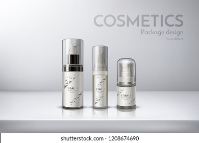 Cosmetic packaging for shampoo, conditioner, face cream, shower gel, spray, deodorant, lotion, shaving foam. Design bottle with a label. Realistic vector illustration