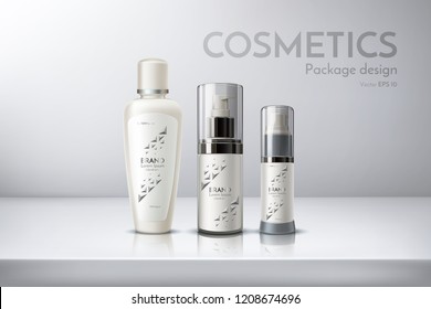 Cosmetic packaging for shampoo, conditioner, face cream, shower gel, spray, deodorant, lotion, shaving foam. Design bottle with a label. Realistic vector illustration