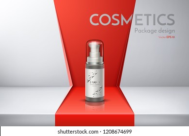 Cosmetic packaging for shampoo, conditioner, face cream, shower gel, spray, deodorant, lotion, shaving foam. Design bottle with a label. Realistic vector illustration