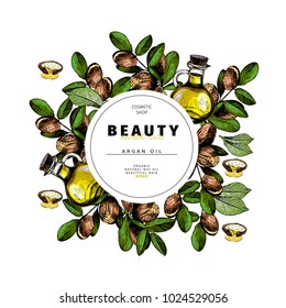 Cosmetic packaging template. Argan nut oil beauty product. Vector hand drawn illustration. Organic vegetarian food ingredient. Good for label, beauty shop, spa, welness, restarurant, menu