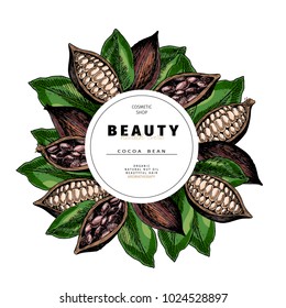 Cosmetic packaging template. Cocoa beans oil beauty product. Vector hand drawn illustration. Organic vegetarian food ingredient. Good for label, beauty shop, spa, welness, restarurant, menu