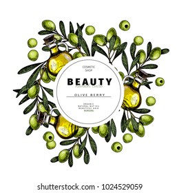 Cosmetic packaging template. Green olives oil beauty product. Vector hand drawn illustration. Organic vegetarian food ingredient. Good for label, beauty shop, spa, welness, restarurant, menu