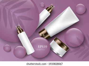 Cosmetic packaging templates and elements for advertising materials,Top view of cosmetic ingredients,vector concept design,Facial cleansing foam packaging bottle