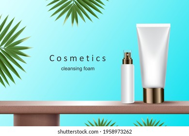 Cosmetic packaging templates and elements for advertising materials,vector cosmetic sommer beach concept design,cleansing foam mock up for advertising design,vector 3d 