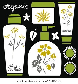 Cosmetic packaging. Tube, bottle, shampoo, cream. Skin care beauty design products. Chamomile flower, berry, aloe vera, leaves. Organic, Herbal collection, natural handwritten