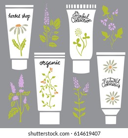 Cosmetic packaging. Tube, cream. Skin care beauty design products. Chamomile, flowers, herbs, leaves, hand drawn, handwritten