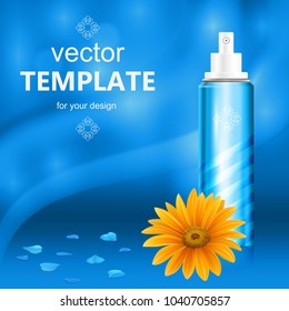 Cosmetic packaging with white cap, on blue background. Cosmetic package for spray