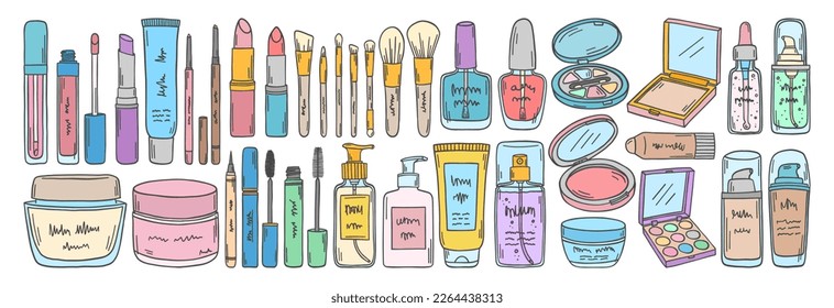 Cosmetic packs, make up and beauty products set. Beauty products sketch. Cream, serum, foundation, mascara, lipstick, eyeshadow, lotion, nail polish. Face and body skin care. Make up products doodles.