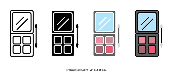 Kosmetische Palette und Lidschatten-Symbole. Kompakte Schminkbox mit Pinsel-Symbolen.