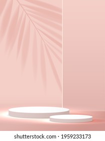 Cosmetic pastel pink background minimal and premium podium display for product presentation branding and packaging . studio stage with shadow of leaf background. vector design.