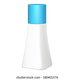 Cosmetic Perfume, Deodorant, Freshener Or Medical Antiseptic Drugs Square Plastic Bottle White Blue. Ready For Your Design. Product Packing Vector EPS10