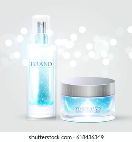 Cosmetic Perfume, Lotion and Creme Bottle. Packaging Template with Bokeh Effect. Shining Transparent Beauty Promotion. Vector illustration.