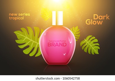 Cosmetic perfume tropic bottle design template. Summer beauty advertising female spray container perfume.