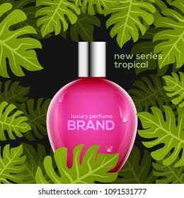 Cosmetic perfume tropic bottle design template. Summer beauty advertising female spray container perfume.