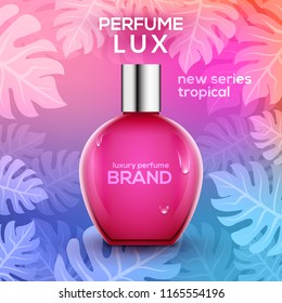 Cosmetic perfume tropic bottle design template. Summer beauty advertising female spray container perfume.