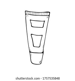 Cosmetic and perfumery accessory. Cream in a tube. Bottle with moisturizer. Outline vector hand drawn illustration isolated. Care product. Wellness design elements. Women care