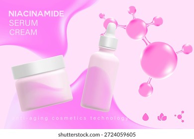 Textura líquida cosmética rosa 3D con gotita de niacinamida, tarro de crema, suero, fondo de maqueta. Cartel promocional del producto para el cuidado de la piel. Anuncio comercial cosmético de la belleza, anuncio del cuidado de piel.