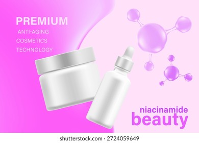 Textura líquida cosmética rosa 3D con gotita de niacinamida, tarro de crema, suero, fondo de maqueta. Cartel promocional del producto para el cuidado de la piel. Anuncio comercial cosmético de la belleza, anuncio del cuidado de piel.