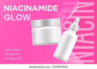 Textura líquida cosmética rosa 3D con gotita de niacinamida, tarro de crema, suero, fondo de maqueta. Cartel promocional del producto para el cuidado de la piel. Anuncio comercial cosmético de la belleza, anuncio del cuidado de piel.