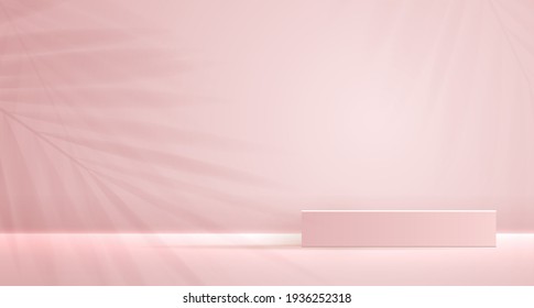 Cosmetic pink background   premium podium display for product presentation branding   packaging presentation  studio stage and shadow leaf background  vector illustration design 