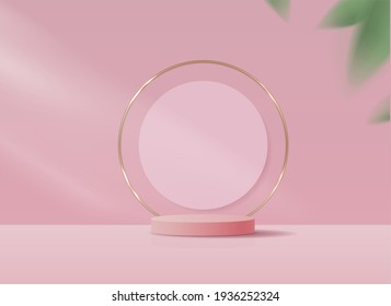 Cosmetic pink background and premium podium display for product presentation branding and packaging presentation. studio stage with shadow of leaf background. vector illustration design.