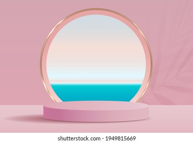 Cosmetic pink background and premium podium display for product presentation branding and packaging . studio stage with shadow of leaf and sea background. vector design.