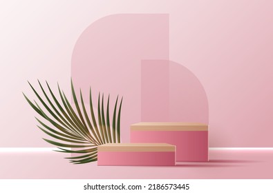 Cosmetic pink background and premium podium display for product presentation branding and packaging presentation. studio stage with shadow of leaf background. vector design.