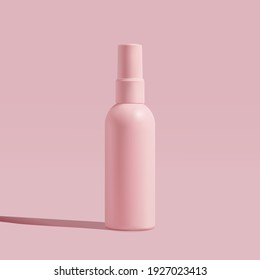 
Cosmetic pink bottle mockup: tube, spray bottle. Womens cosmetic accessory for makeup, toning, fluid, lotion, sanitizer