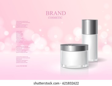 Cosmetic pink bottle package design with moisturizer cream or liquid, skin care product poster, sparkling background vector