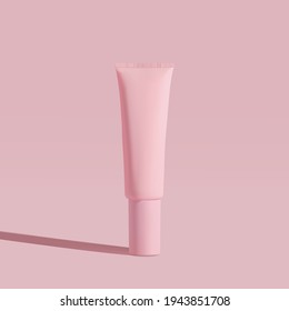 Cosmetic pink bottle. Womens cosmetic accessory for makeup, toning, fluid, lotion, serum. Packaging design, mock up, 3d vector.