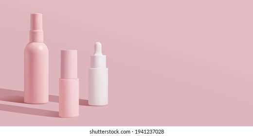 Cosmetic pink bottles mockup: tube, spray bottle. Womens cosmetic accessory for skin care, makeup, toning. Fluid, lotion, toner, serum, cream,sanitizer. 3d vector.