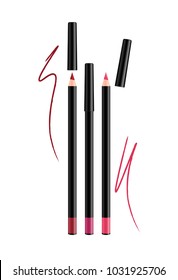 Cosmetic pink Make-up Eye liner Set Pencils with cap. Vector Isolated on White Background. Collection of lipliner pens for contour in glamour luxury vogue style. Color smear samples pencil stroke.