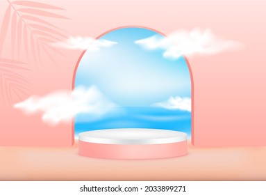 Pantalla estética de podio premium rosa para presentación de productos de marca y embalaje. Escenario de estudio con sombra de hoja y fondo de nube de cielo marino. Resumen de diseño vectorial 3d.