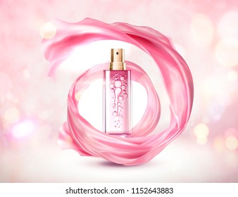 Frasco de spray rosa estético con chicharrón giratorio sobre fondo brillante