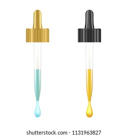 Cosmetic pipette with drops of cosmetic oil close-up on a white background. Template cosmetic products with liquid. Element for design, advertising, promotion of cosmetic