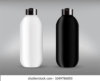 Cosmetic plastic back and white bottle with black lid. 
Liquid container for gel, micellar water, lotion, cream, shampoo, bath foam. 
Beauty product package. Vector illustration. Isolated on gray back