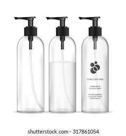 Cosmetic plastic bottle with black dispenser pump (transparent). Liquid container for gel, lotion, cream, shampoo, bath foam. Beauty product package, vector illustration.