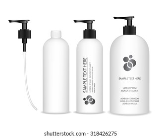 Cosmetic plastic bottle with black dispenser pump. Liquid container for gel, lotion, cream, shampoo, bath foam. Beauty product package, vector illustration.